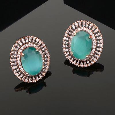Rose Gold Plated Mint Green Stone Round Designer Stud Earrings For Women