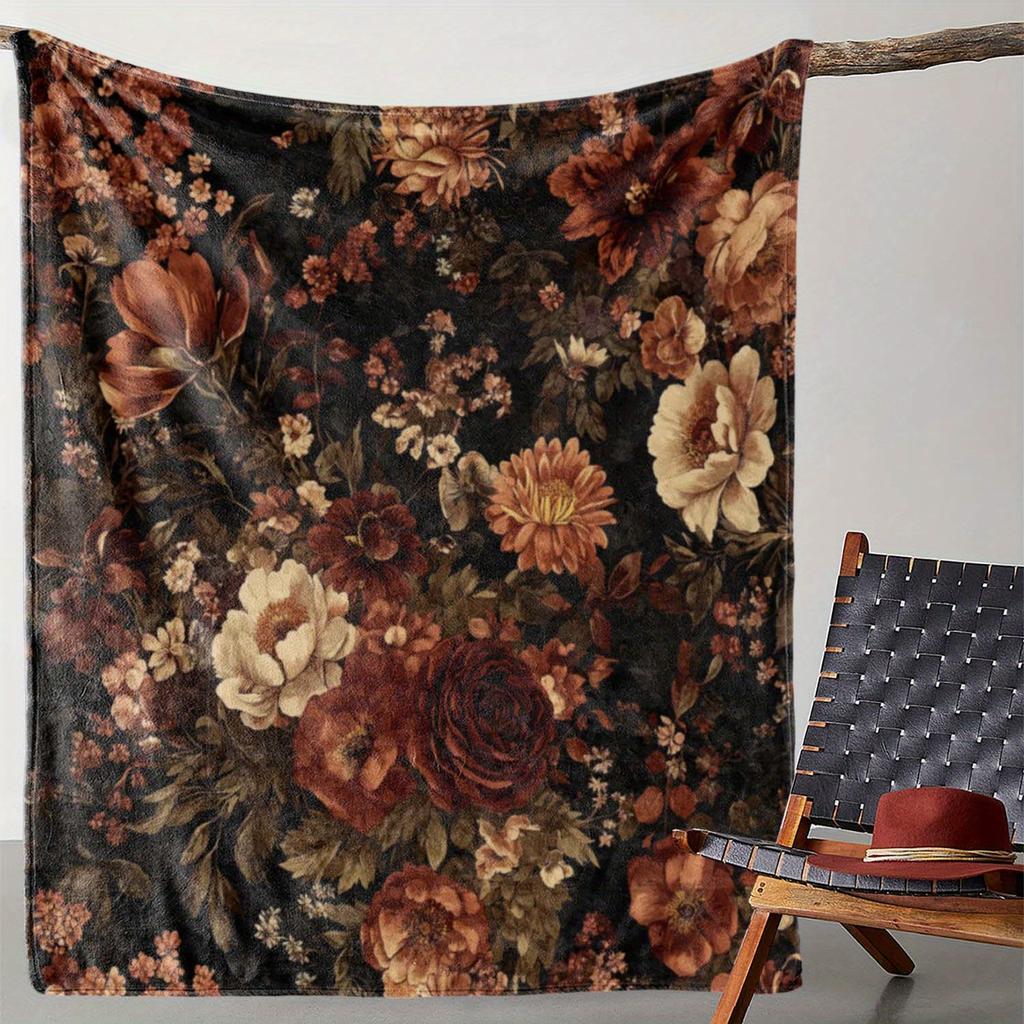1pc Vintage Floral Print Blanket, Warm Cozy Soft Throw for Sofa Bed Couch Car Office Flannel Room Camping Travel, Gift Blanket