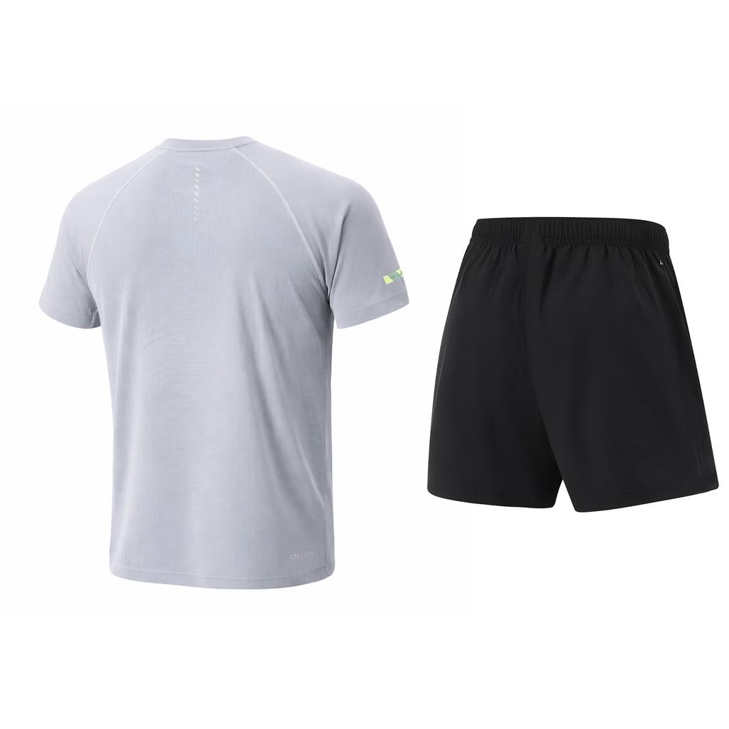 Li-Ning Trendy Versatile Round Neck Short Sleeve T-Shirt Quick Dry Breathable Five-Point Shorts Running Fitness Training Casual Sports Suit AATW013-3
