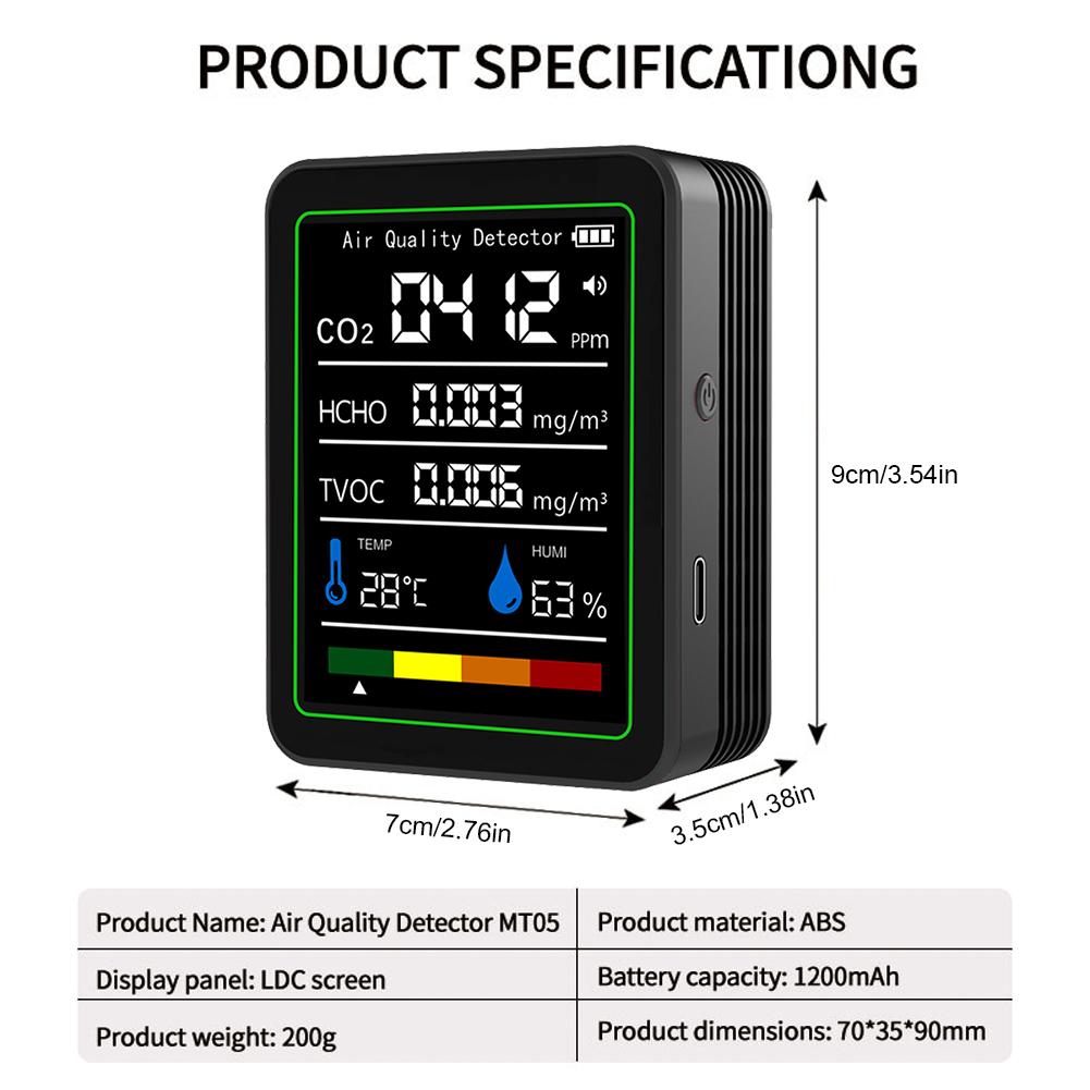 

Монитор качества воздуха 5-в-1 Детектор углекислого газа Обнаружение формальдегида HCHO/TVOC/Температура/Влажность /Датчик CO2 Измеритель
