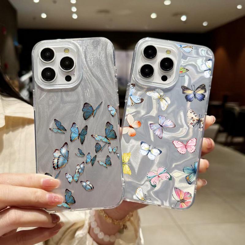 Butterfly Print Soft Edge Slim Clear Phone Case For iPhone 16 Pro 15 Pro Max 14 13 12 11 Glitter Feather Shockproof Sparkling Hard PC Back Cover