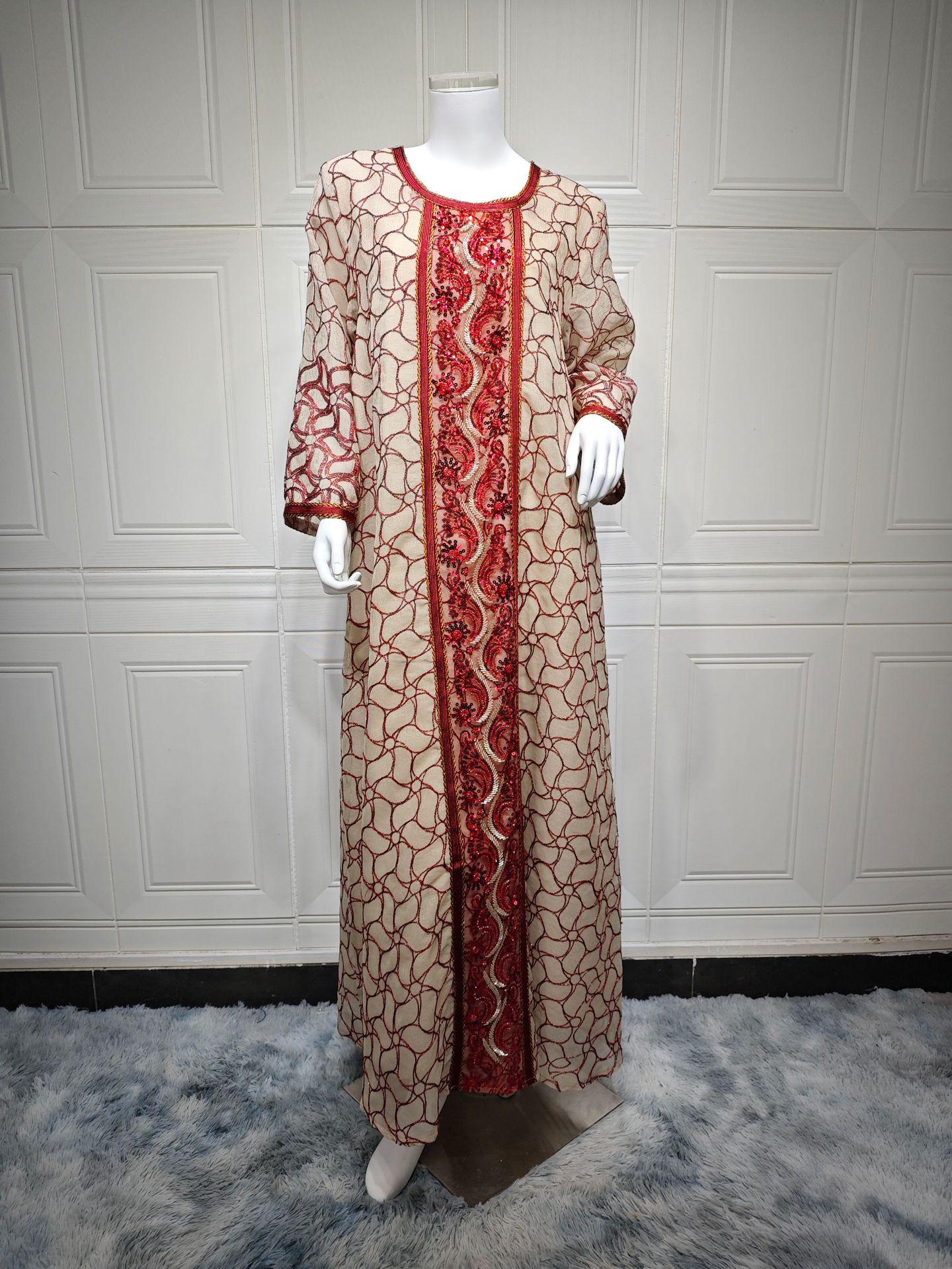 

AB376 2024 Платье-джалабия из сетки с вышивкой пайетками Double Extra Large красный