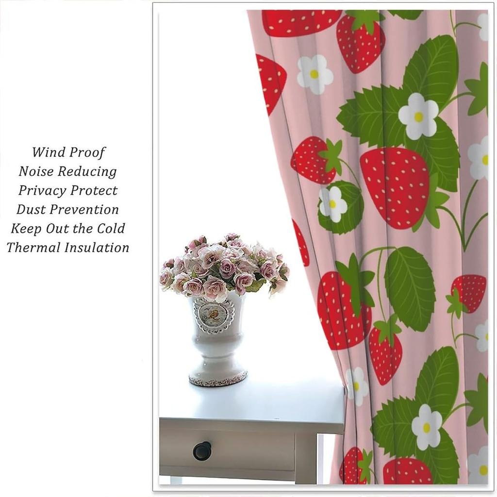 Fruit Window Curtains,Pink Cute Strawberry Green Leaves Flower Retro Art Print Window Drapes for Kids Girls Bedroom Living Room