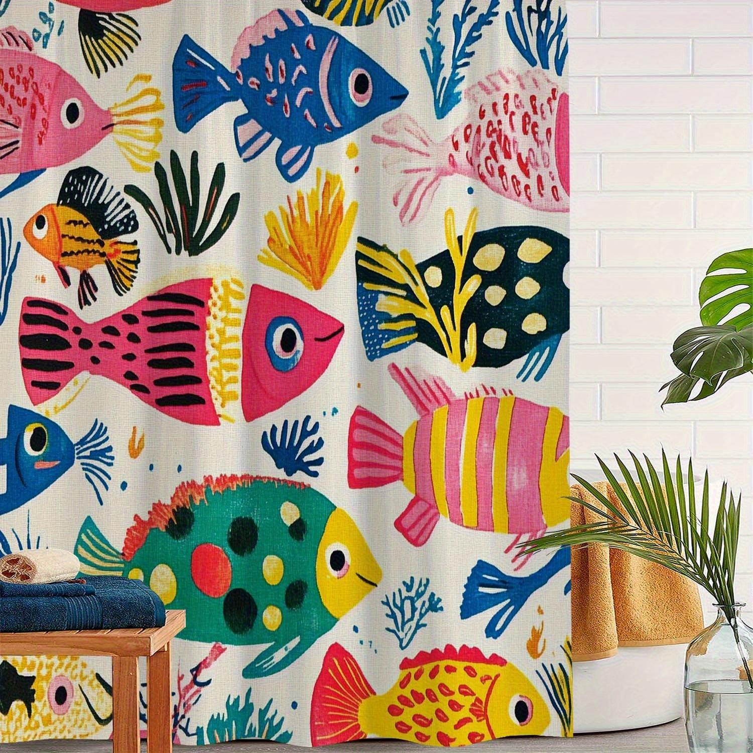 

Fish Print Shower Curtain with 12 Hooks - Colorful Aquarium Theme Bathroom Window Curtain, Machine Washable, Multicolor Fish 90x180cm