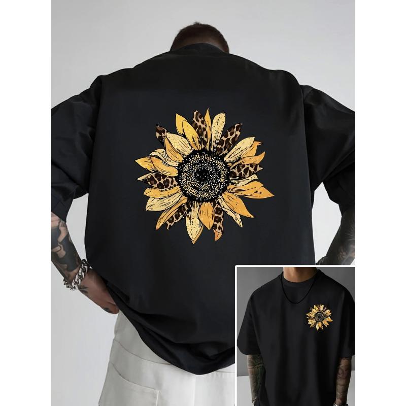 

European Size Sunflower and Leopard Print Double-sided Graphic Men s Fashion Trend T-shirt, Suitable for Daily Home Wear and Casual Outings S чёрный