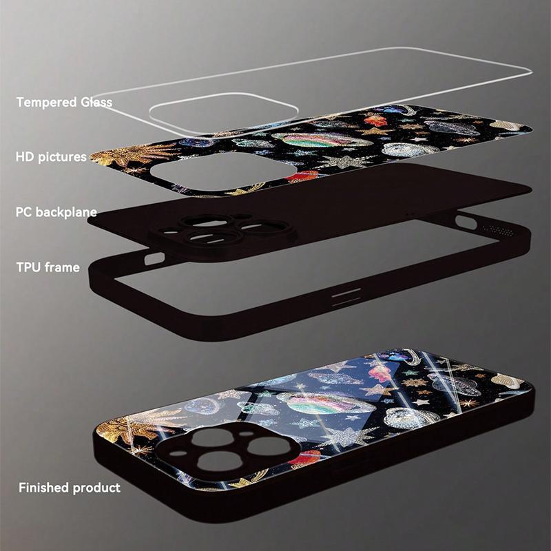 Capa de Celular de Vidro Temperado com Padrão de Sol, Totem, Estrelas, Lua e Planeta para iPhone 17 Pro Max 16 15 14 13 12 11 16E 7 8 Plus XR XS X