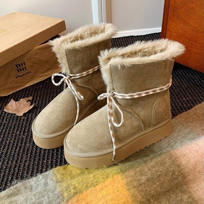 

Модные женские зимние ботинки на толстой подошве с кудрявым мехом, осенний стиль, очень толстые ботильоны из искусственной замши, с круглым носком, высотой до щиколотки 42 хаки
