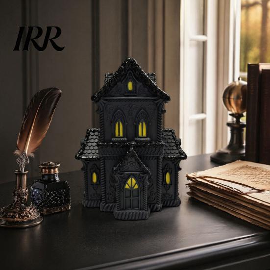Gothic Home Decor Accessories Lighted Halloween Village House Statue with LED Light, Black Spooky Figurine for Tabletop Holiday Inspired Interior