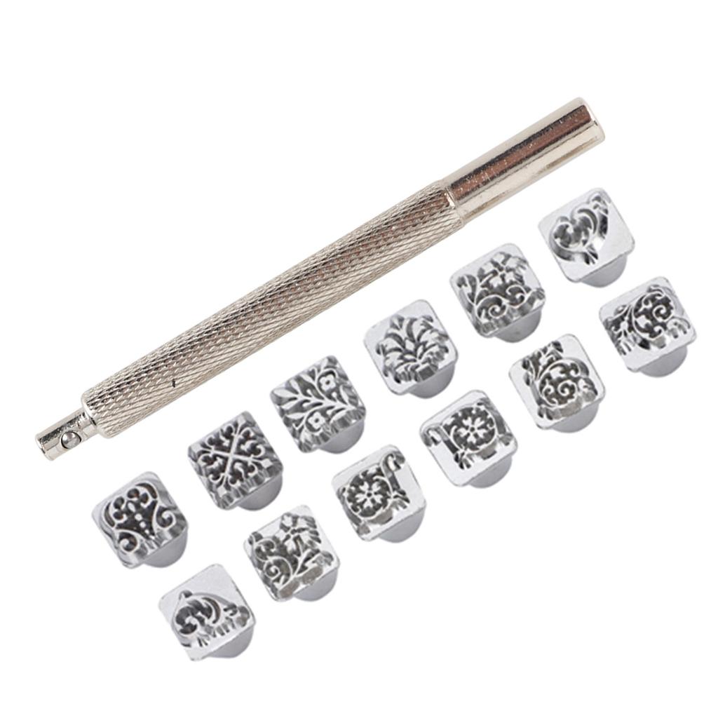 12Pcs Stamping Punch Tool Tang Dynasty Flower Design DIY Vegetable Leather Stamper 1Pc Handle