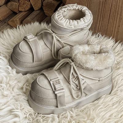 Winter Kurze Schneestiefel Damen Schnürung Rund Zehen Wolle Warm Flache Plateau-Schuhe Damen Rindsleder Knöchelhohe Stiefel Für Damen