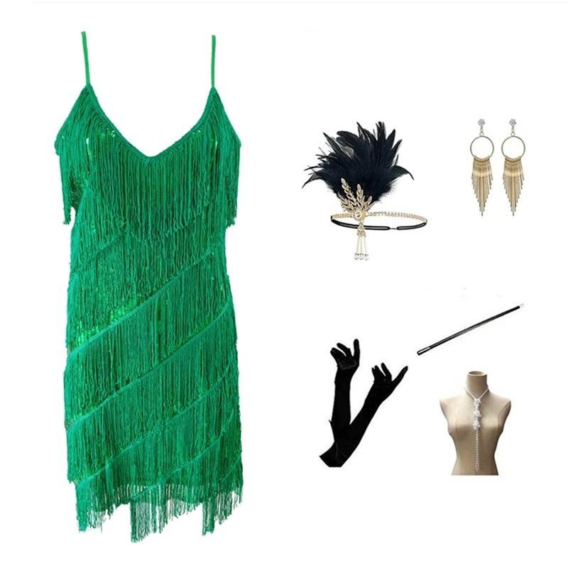 Gatsby Plus Size Dress Beaded Tassel Collar Suspender Evening Dress Vintage Sequin Dress Latin Dance