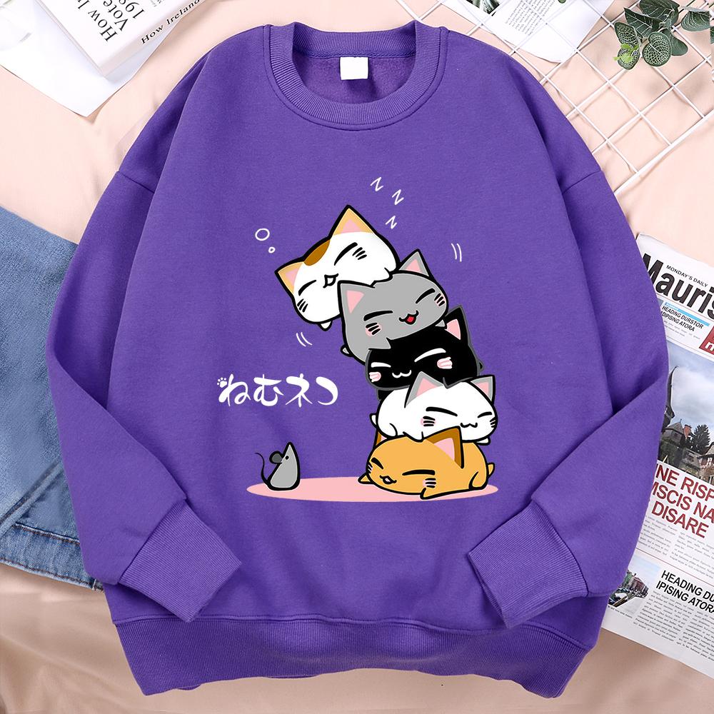 Cute Stacked Cats Sleeping Don'T See The Mouse Women Unisex Clothing Anime Pullover Hoodies Loose Fleece Hoody Casual O-Neck Streetwear