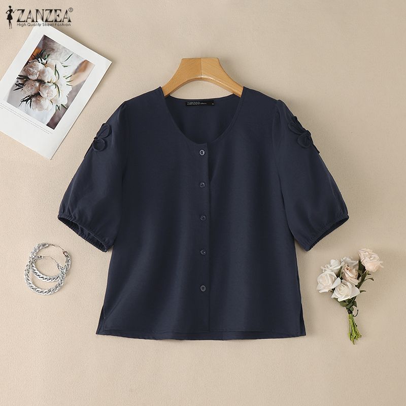 ZANZEA Women Casual Round Neck Solid Color Loose Half Sleeve Blouse