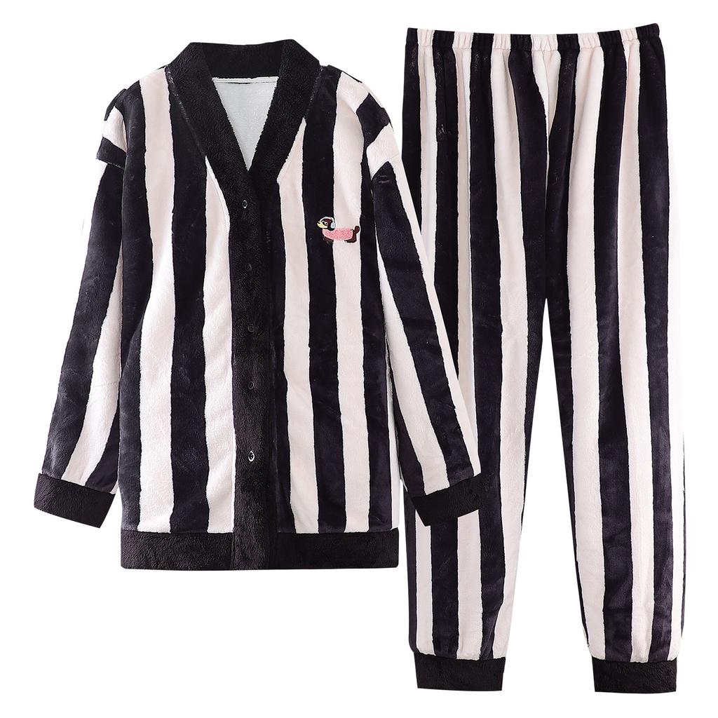 Flannel Pajamas Women'S Autumn And Winter Long-Sleeved Thickened Warm Coral Fleece Winter Loungewear Set