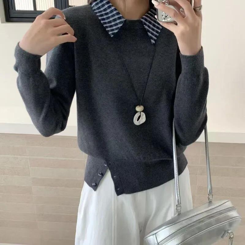 

Autumn and Winter Plaid Commuter Splicing Knitted Wool Sweater Fake Two-piece Top S сірий колір
