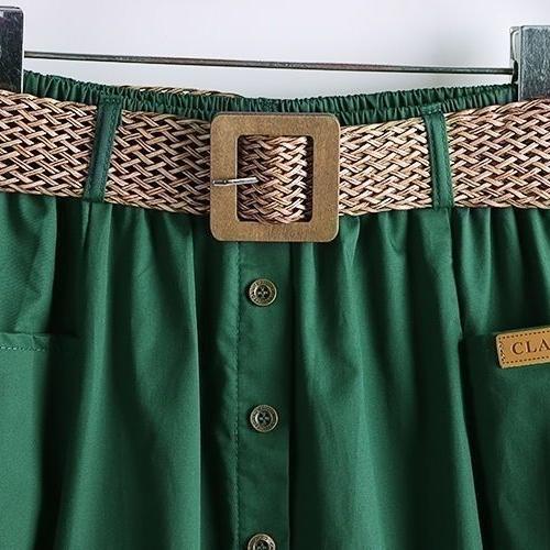 Women's Cotton Skirt Spring Summer Elasticated High-rise Skirt Split Midi A-line Skirt with Belt Pockets