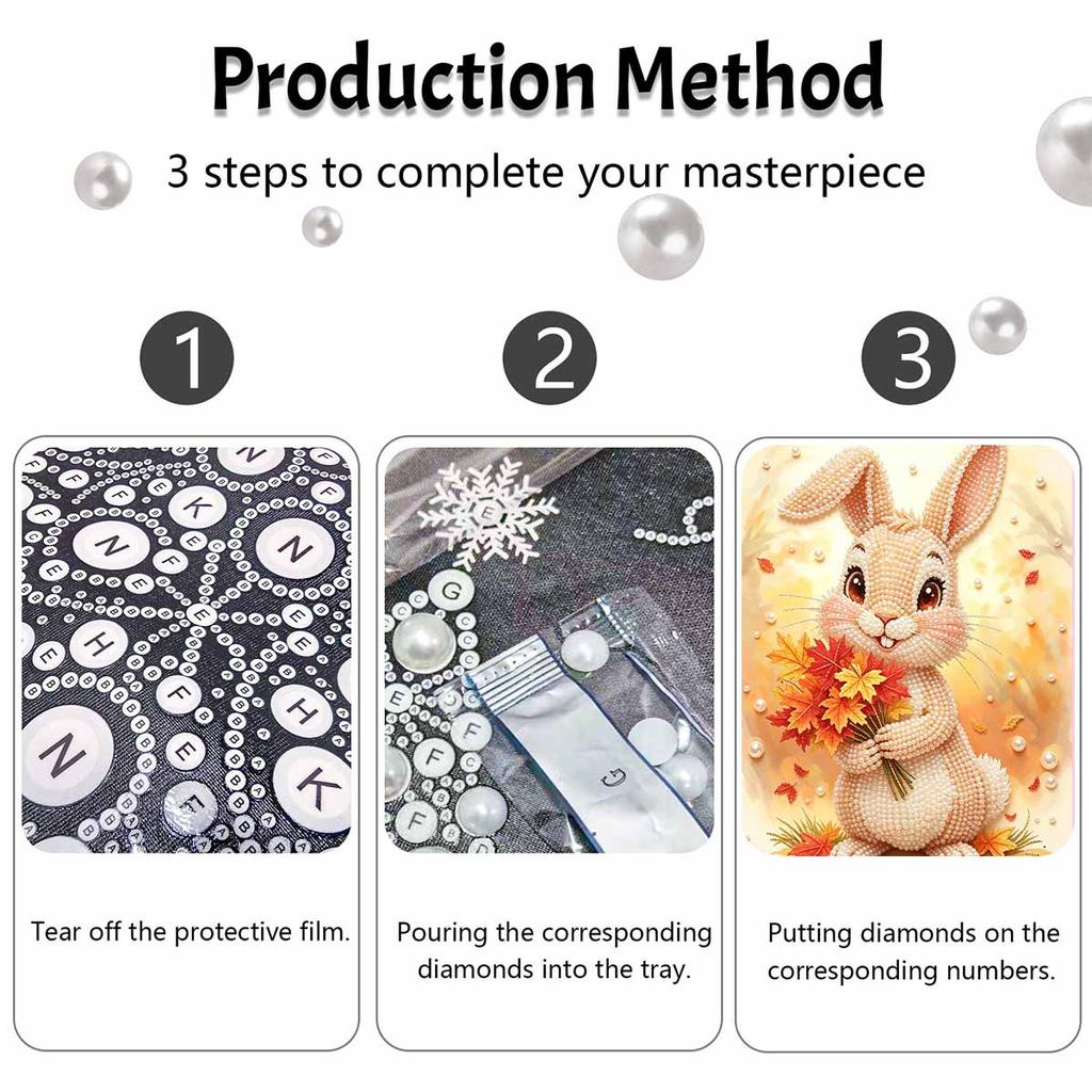5D Pearl Painting Kit Framed with Cute Autumn Bunny Design Sparkling Bead Art Canvas DIY Relaxing Craft for Home Wall Decor Gift Set