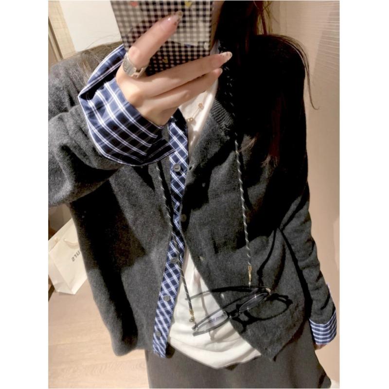 Design sense splicing plaid sweater women's spring new large size wear thin round neck knitted cardigan