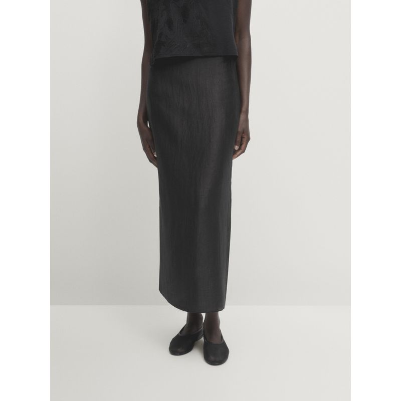 

MD Women s Clothing Old Qian Feng Nan FA Elegance Texture Classy Black Satin Mid-Length Skirt 05290100800 Black L