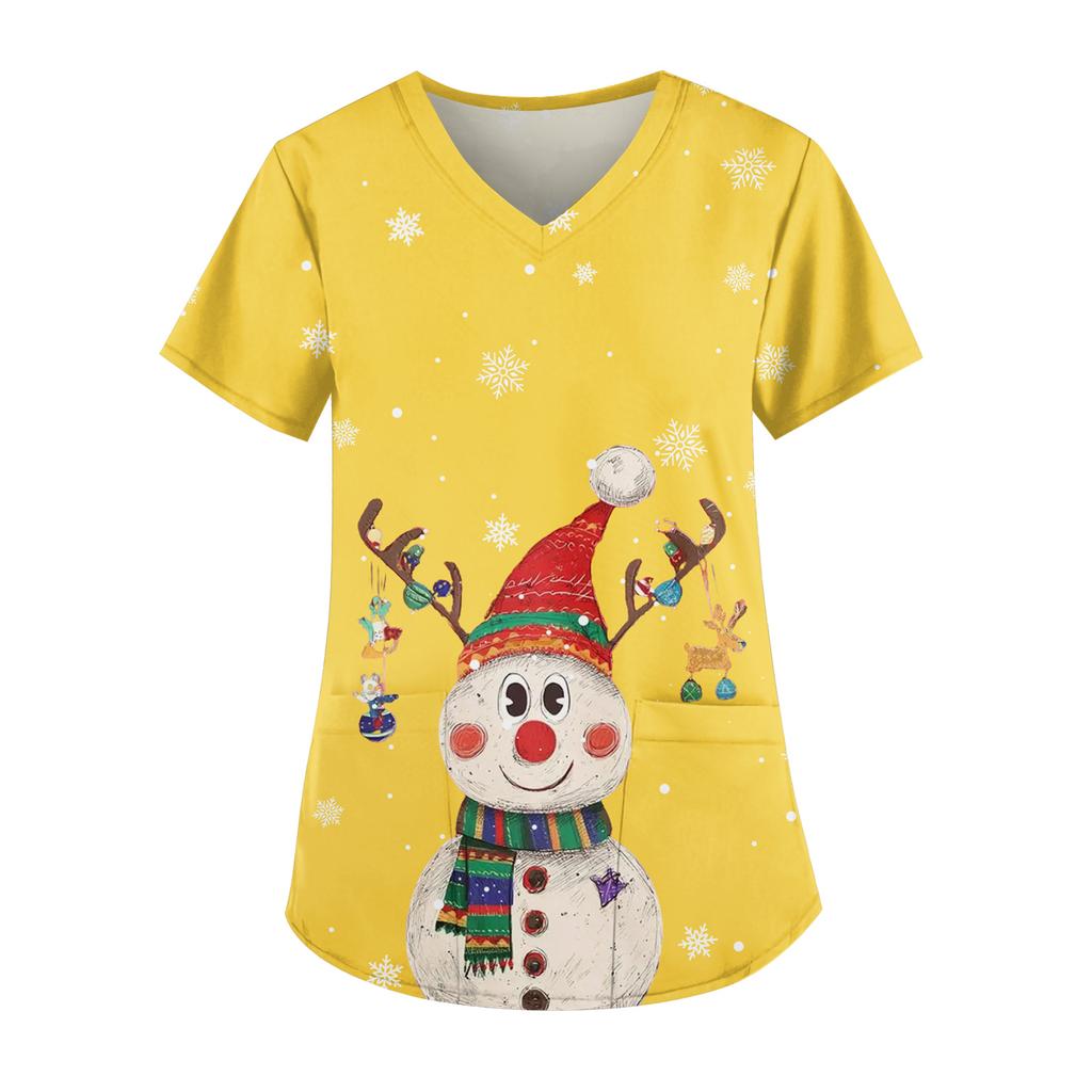 Ladies' Fashionable V-neck Pocket Short Sleeved Christmas Tree Printed Caregiver Uniform