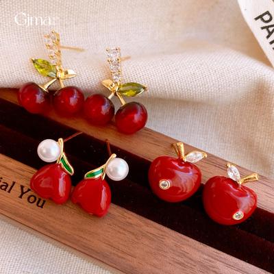 Retro Temperament Geometric Zircon Resin Cherry Stud Earrings Exquisite Earrings Women