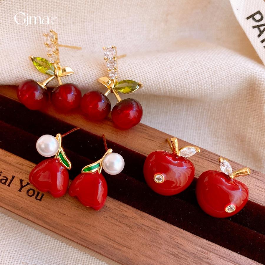 Retro temperament geometric zircon resin cherry stud earrings exquisite earrings women