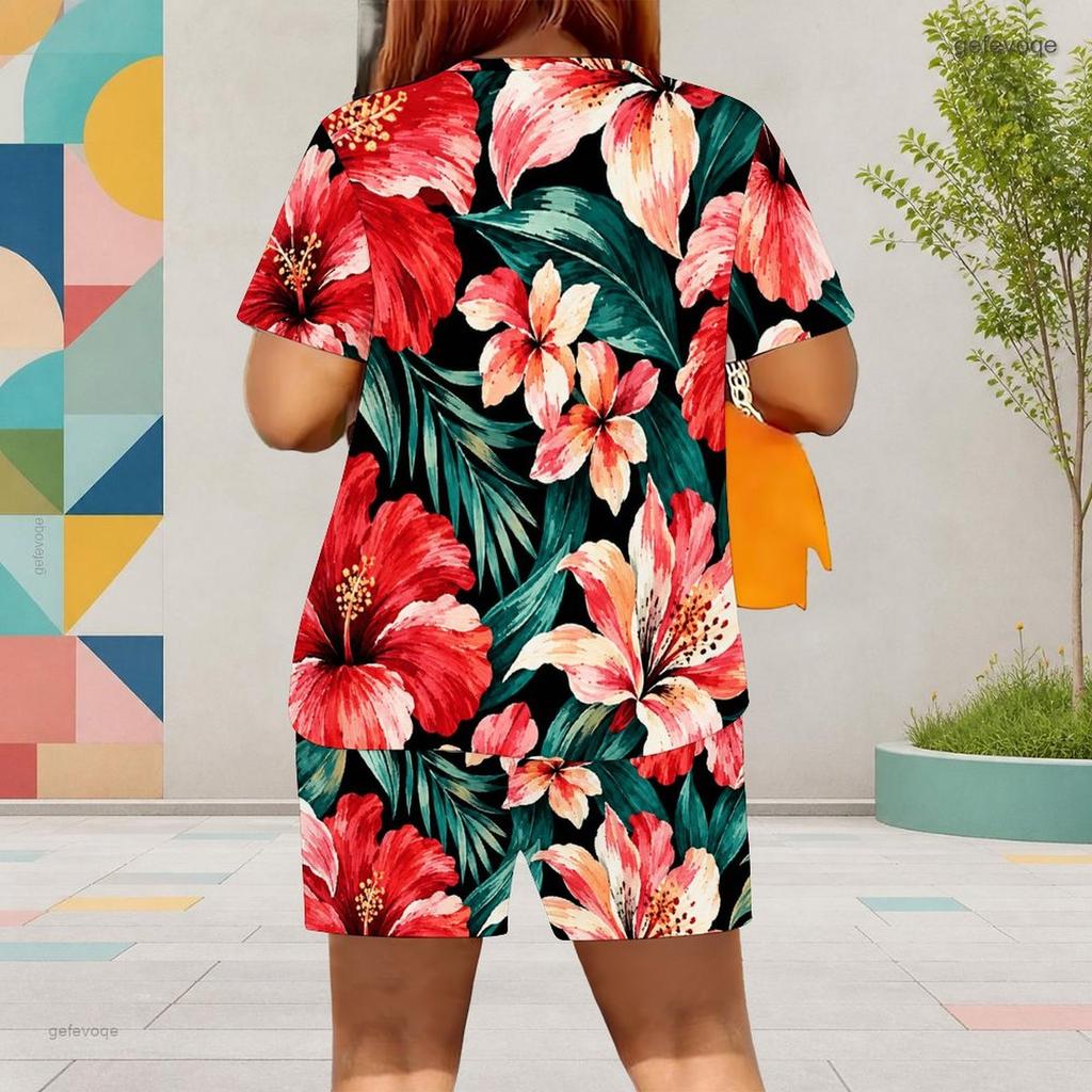Women Plus Size Two Piece Set Round Neck Short Sleeve Printed Top And Pocket Shorts