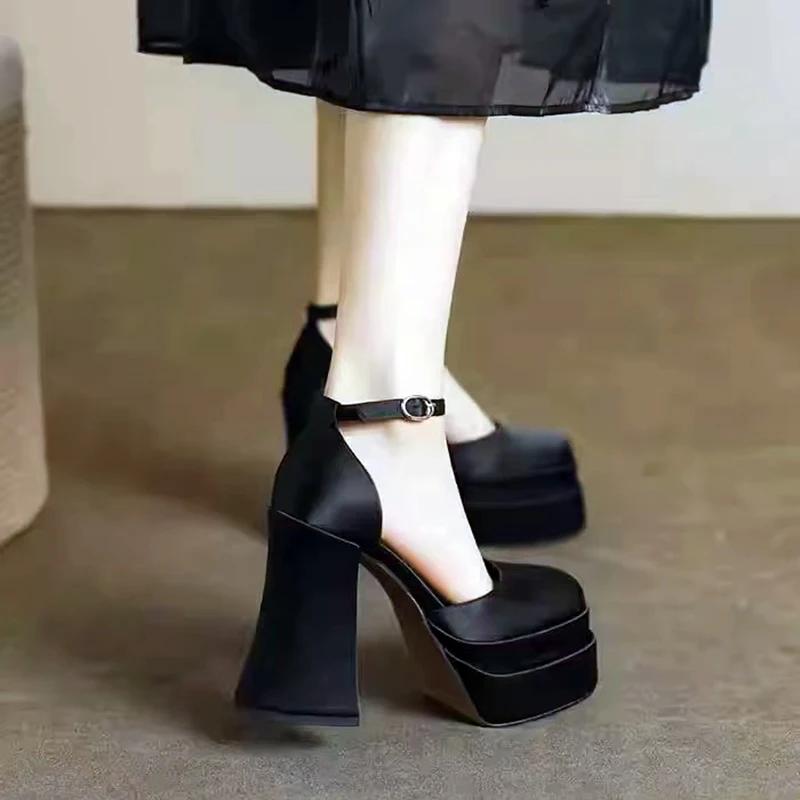 

2025 женские туфли на толстой платформе с закрытым носком и квадратным каблуком, с ремешком на щиколотке, для платья, свадьбы, выпускного вечера, туфли-лодочки 40 чёрный