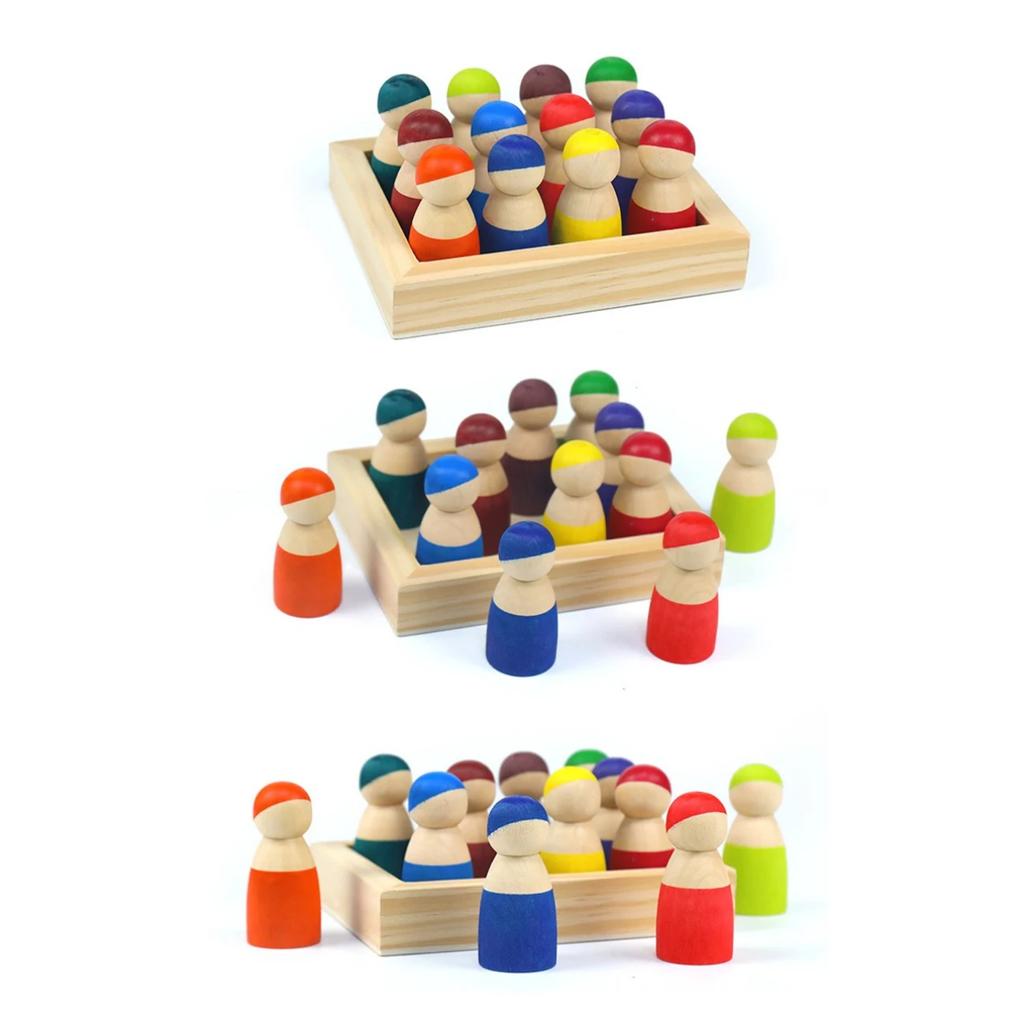 Montessori Sorting Board Puzzle Game Solid Wood Rainbow/Macaron Color Tray Villain Bead Color Cognition Matching Educational Toy