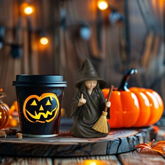 Halloween Ornament Dark Humor Witchcraft Vibe Creepy Witch Statue Black Robe Cat Themed Resin Home Decor