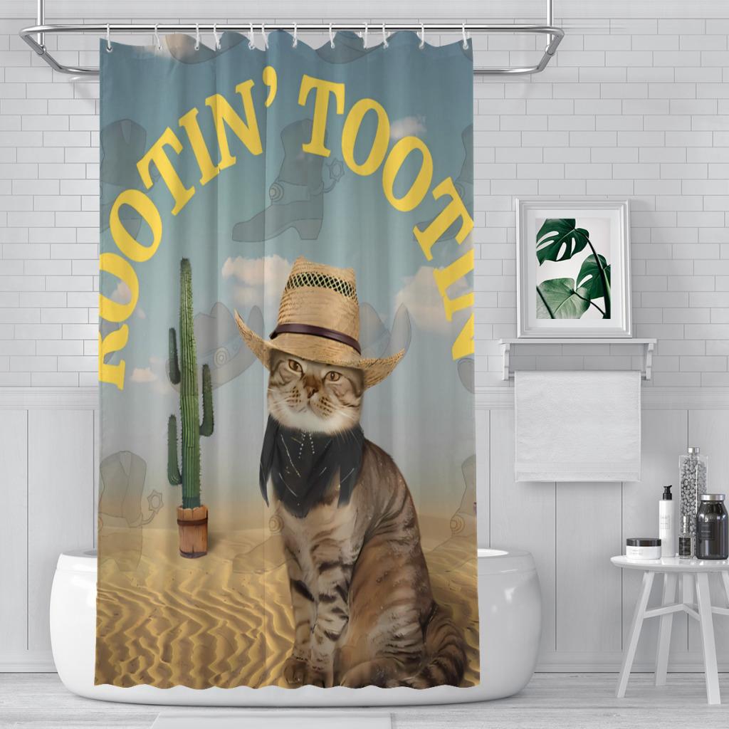Funny Animals Shower Curtain,Cat Cowboy With Rifle Rides A Horse On Green Grass Ranch With Cow Dog Shower Curtains For Bathroom