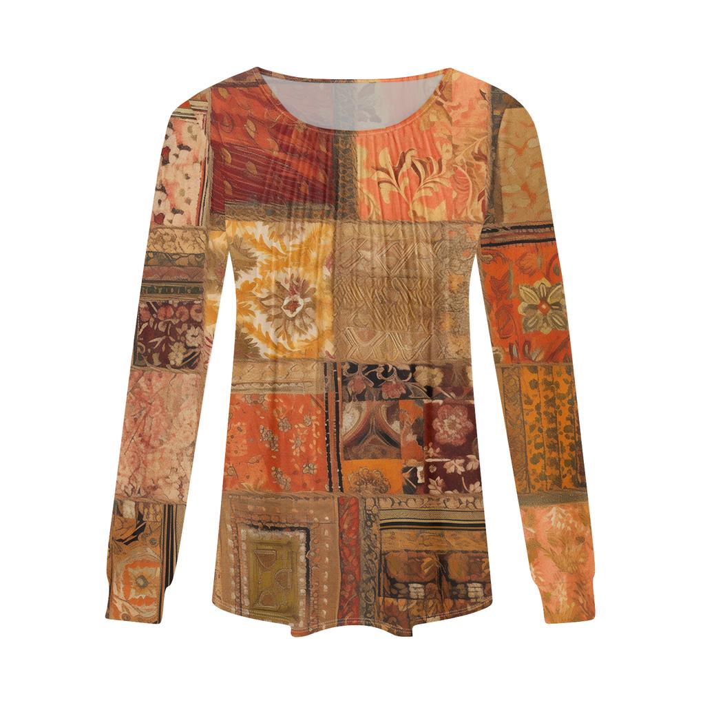 Women's Fashion Casual Pleated Round Neck Vintage Floral Print Long Sleeve T,Shirt Top