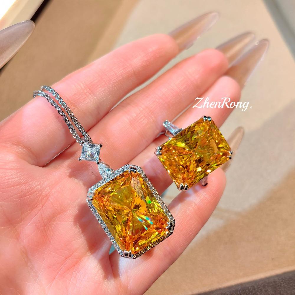 Elegant Women Jewelry Set Radiant Cut Perfume Bottle Necklace Ice Flower Ring Yellow Diamond Gift