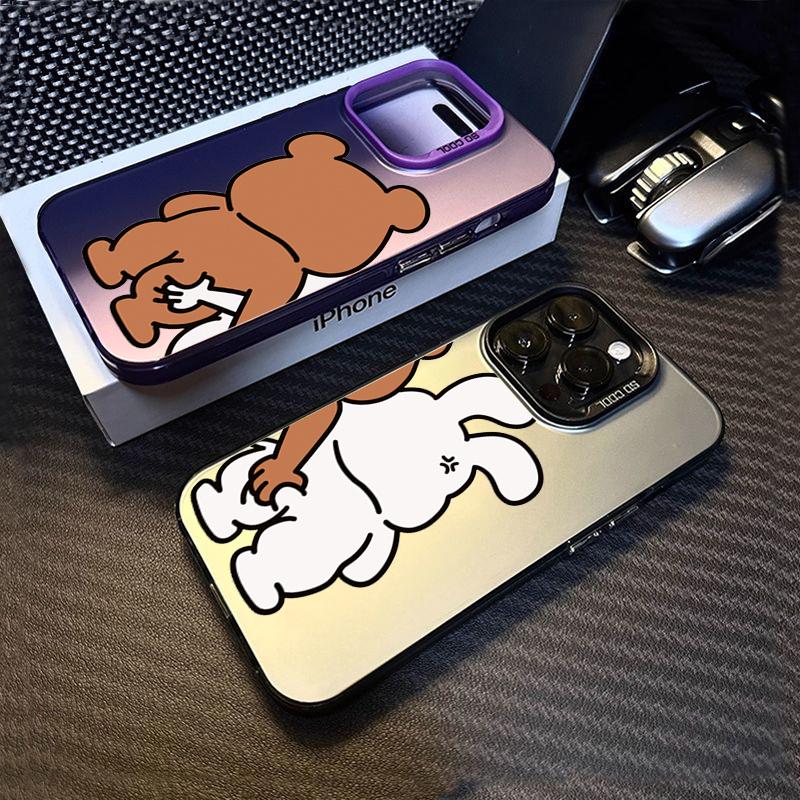 Cute Rabbit Bear Couple Design TPU Basic Phone Case For iPhone 16 15 Pro Max 14 13 12 11 XS X XR 7 8 Plus 16E Matte Hard Cover