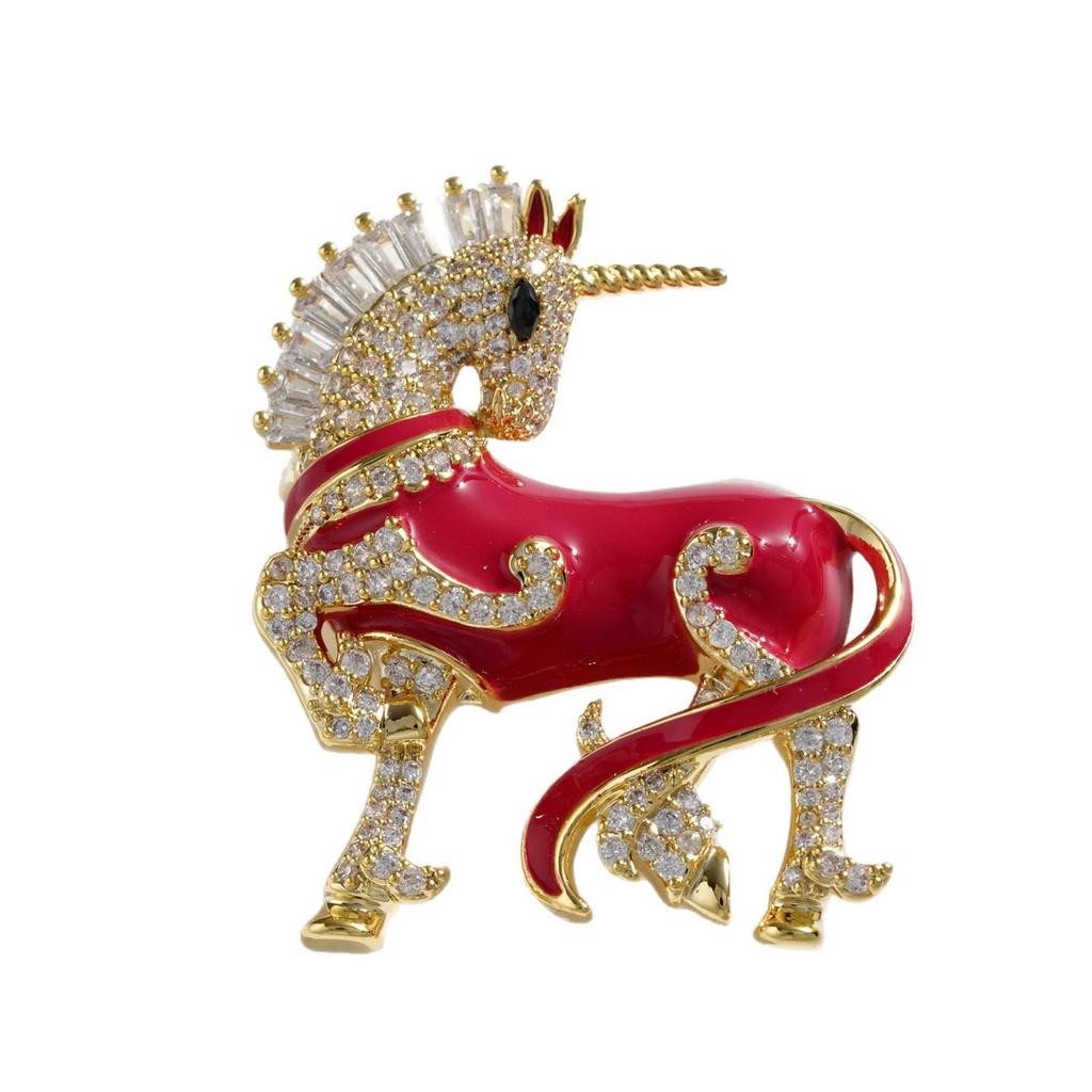 Bocinxin Yun Red Unicorn Horse Rhinestone Brooch - Luxurious Chinese Accessory & Corsage, Perfect Birthday Gift