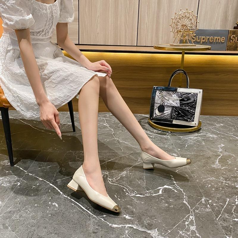 H976-6 Low-heeled Single Shoes Women's New French Commuter Metal Square Head Soft Leather Women's High Heels Grandma Shoes Sheepskin Pad