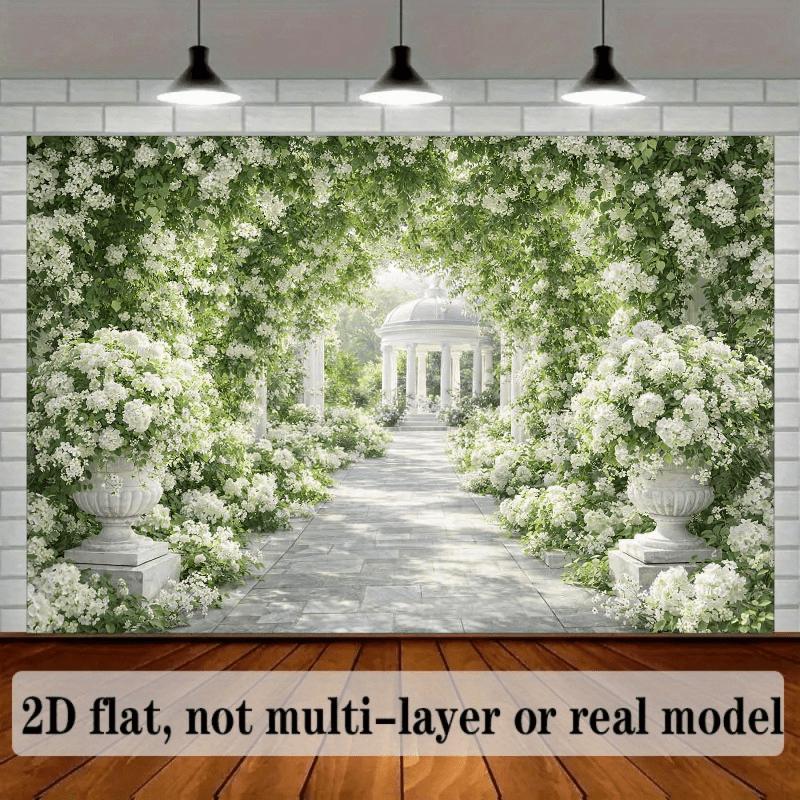 2D plane, vintage country-style wedding backdrop fabric, white flower clusters intertwined with green leaves