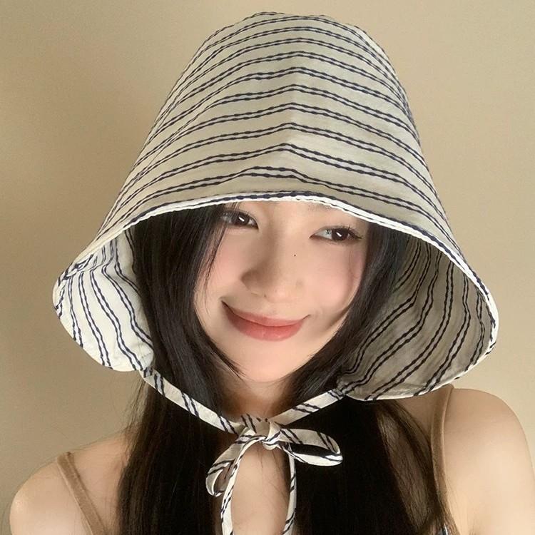 Striped large brim wrap-around fisherman's hat children summer UV protection fashion sunshade versatile thin sunscreen hat