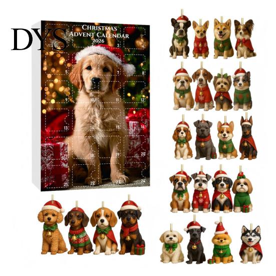 Cuenta Regresiva Navideña Temática de Mascotas Regalos Calendario de Adviento para Perros, Adornos de Acrílico 2D de Razas, Caja de Regalo de Navidad de 24 Días para Niños Calendario para Dueños con 24 Cachorros