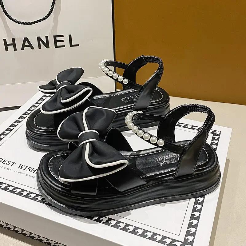 

Клинья с платформой Водонепроницаемые Абрикосовые Уличные Жемчужные Женские Туфли Сандалии с Открытым Носком для Женщин Бант Лето 2025 Обувь На Плоской Подошве Распродажа 40