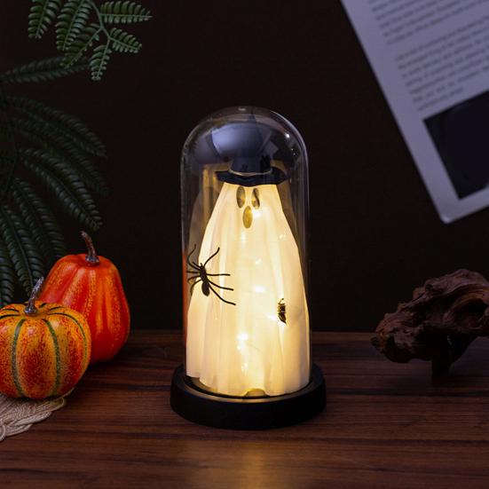 Halloween Indoor Ghost Decoration Light Up Ghost in Glass Cloche with Wood Base Cute Ghost Night Light for Home Kitchen Mantel Shelf Fireplace Decor