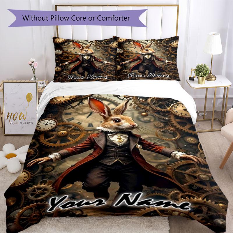 3PC Custom Name Steampunk Rabbit Portrait Bedding Set Printed Bedding Set Duvet Cover Closure Includes 1 Duvet Cover & 2 Pillowcases for All Seasons B