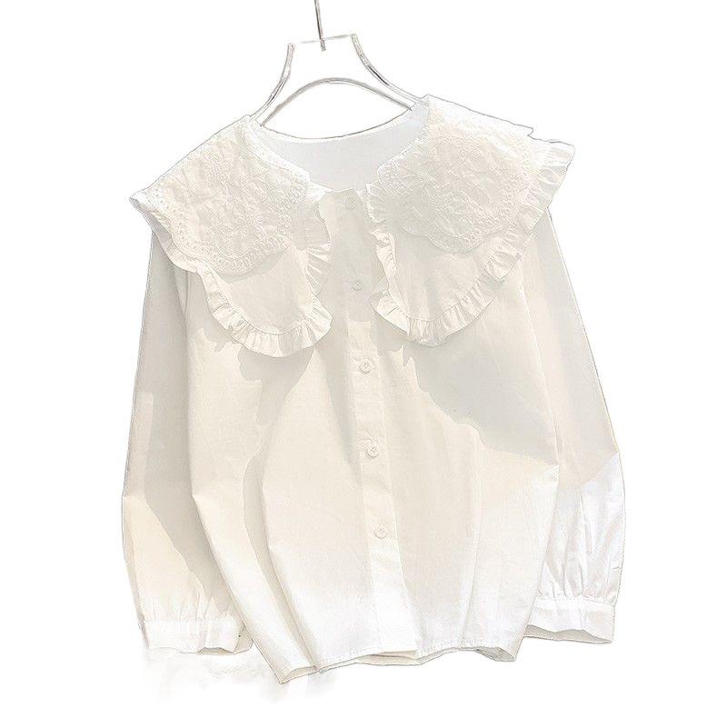 Women's Lace Peter Pan Collar White Blouse, Korean Style, Long Sleeve, Autumn/Spring 2023