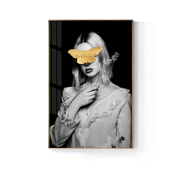 Moderní krása se zlatým motýlem nástěnné obrazy do obývacího pokoje Nástěnná dáma s oranžovou čepicí Plakát Obraz na plátně