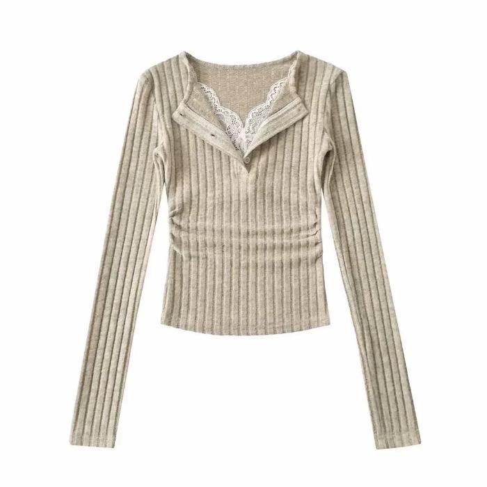 Gray Two-Piece Lace Knit Sweater for Women - Long-Sleeved Autumn Slim Base Layer Top