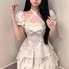 French square neck bubble sleeve pure desire dress waist temperament design sense niche sweet fairy short skirt summer