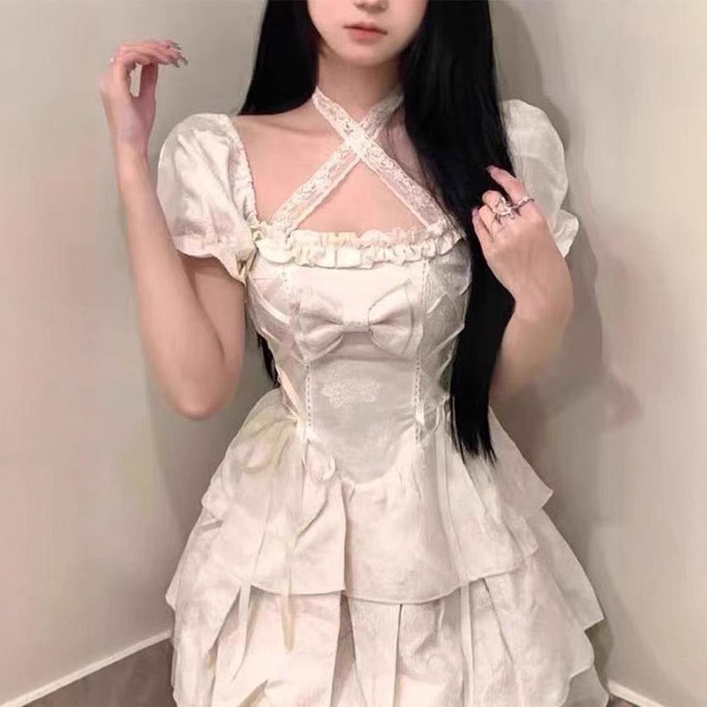 French square neck bubble sleeve pure desire dress waist temperament design sense niche sweet fairy short skirt summer