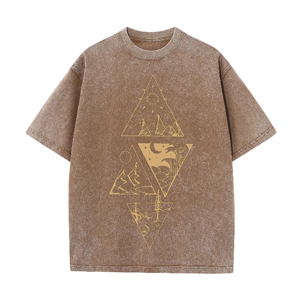 2026 Vintage Washed Black Triangle Mountain Wave Sun Moon Graphic T Shirt Nature Wilderness Line Print Oversized Casual Short Sl
