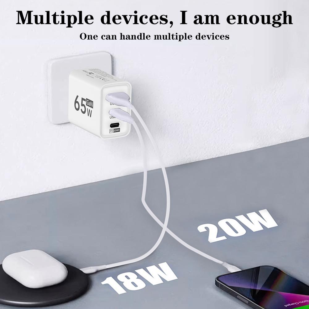 65W 3 Ports GaN USB Charger Type C Fast Charging Phone Charger For iPhone 15 16 Samsung Xiaomi Huawei EU/US Plug Wall Adapter