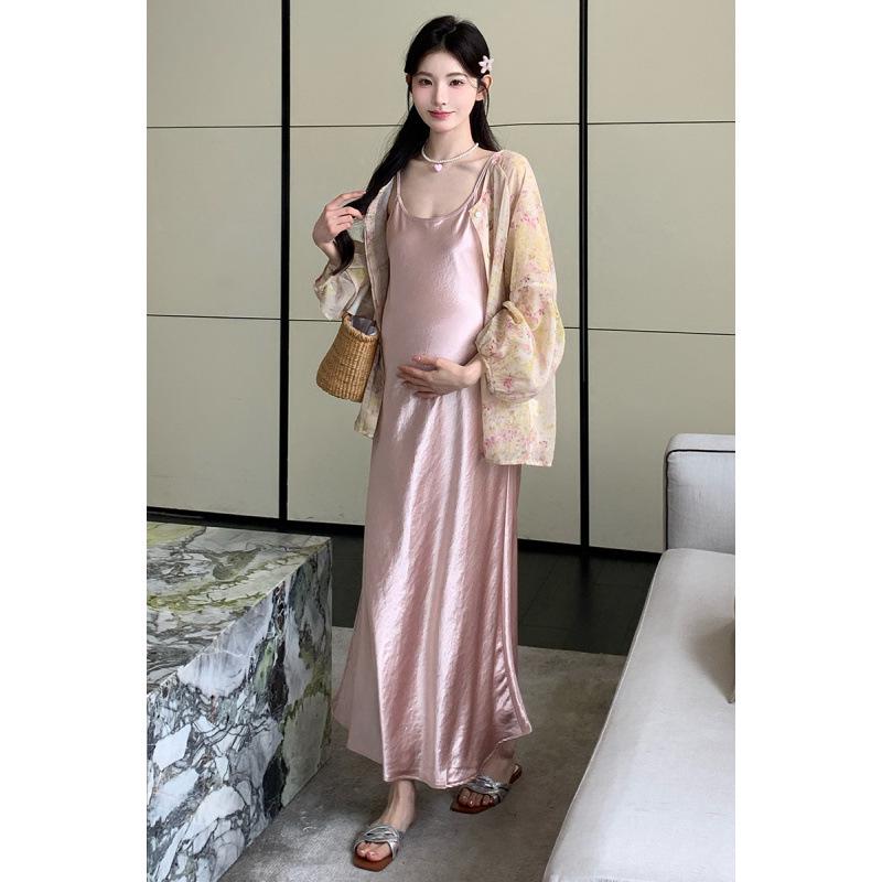 2026 Summer Luxury Maternity Acetate Silk Camisole Dress – New Chinese Style M